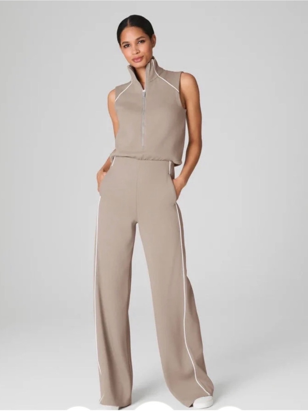 SPANX Taupe Sleeveless Zip-Front Wide-Leg Jumpsuit with White Piping